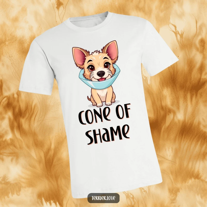 Funny T-Shirt: A terrier dog sporting a surgical cone, looking endearingly confused but maintaining a happy demeanor.