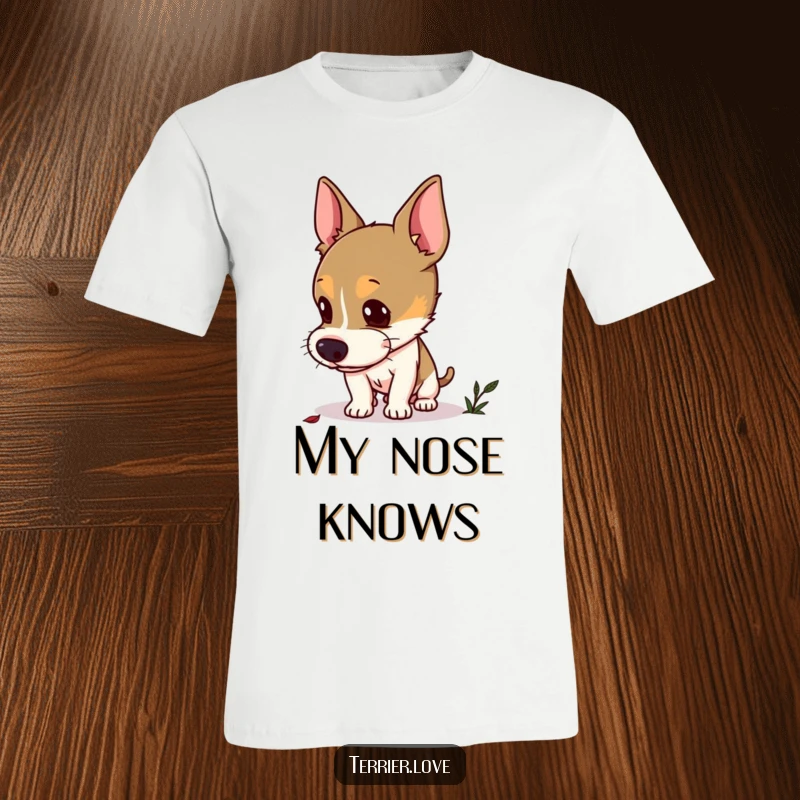 Funny curious terrier t-shirt featuring a dog with perked ears sniffing the ground intently, searching for a hidden scent.
