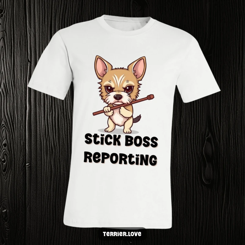 Funny Determined Terrier T-Shirt: A focused terrier intently carrying a stick, conveying a message of purpose and canine determination on a soft tee.