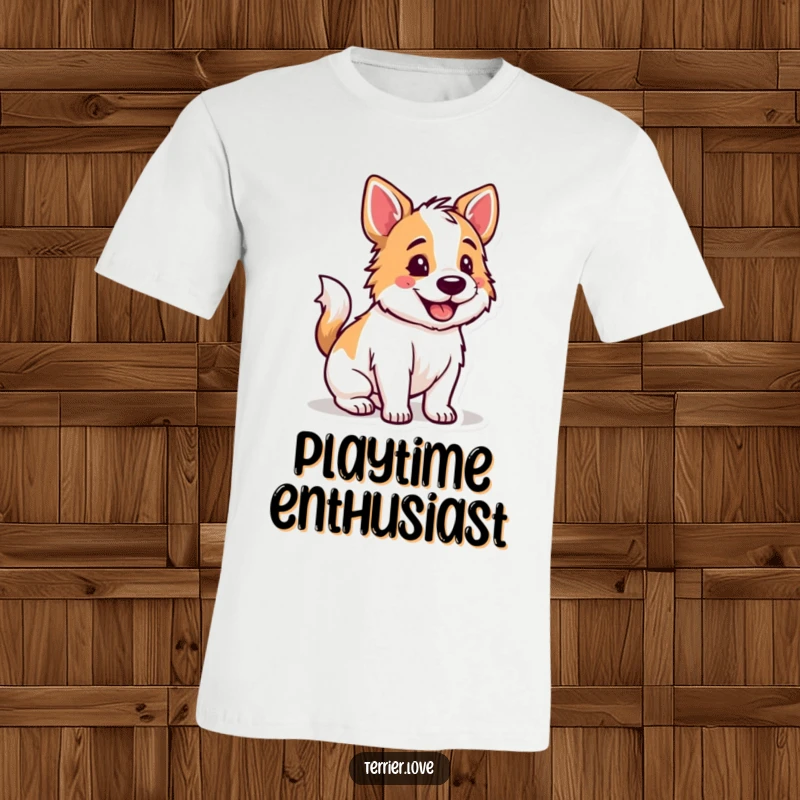 Funny Terrier t-shirt with a happy dog whose tail is wagging, conveying excitement and readiness for a game.