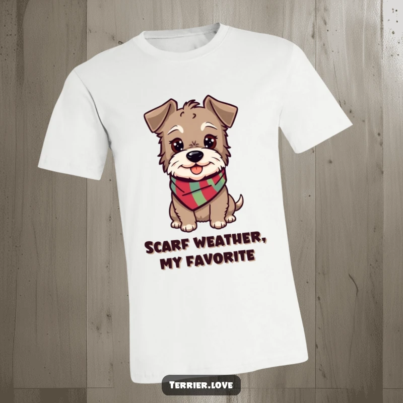 Funny terrier t-shirt showcasing a happy, alert dog with a small scarf, radiating pure canine joy.