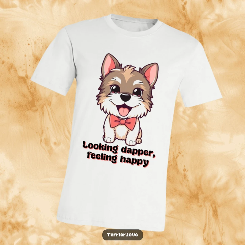 A funny t-shirt featuring a playful Terrier dog wearing a smart bow tie and panting happily, exuding charm.