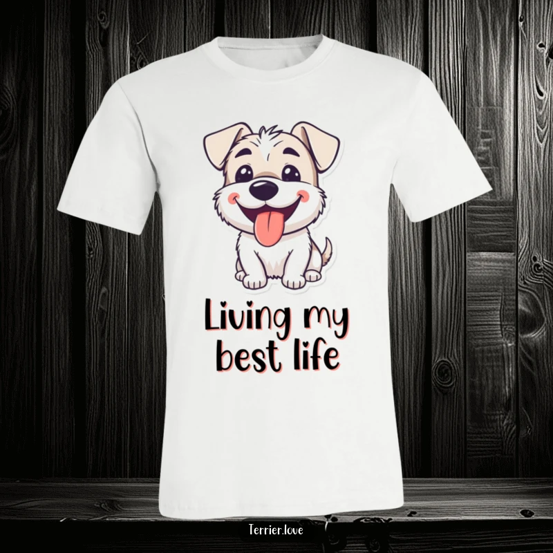 Funny smiling terrier t-shirt showing a dog happily panting with its tongue lolling out, full of pure joy.