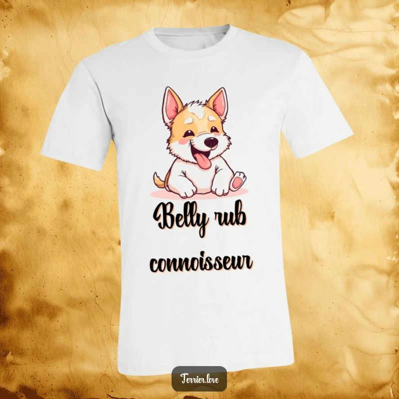 Funny Terrier T-Shirt: A cute terrier with a joyful yip, paws outstretched, desperately asking for a belly rub. Expressing pure happiness.