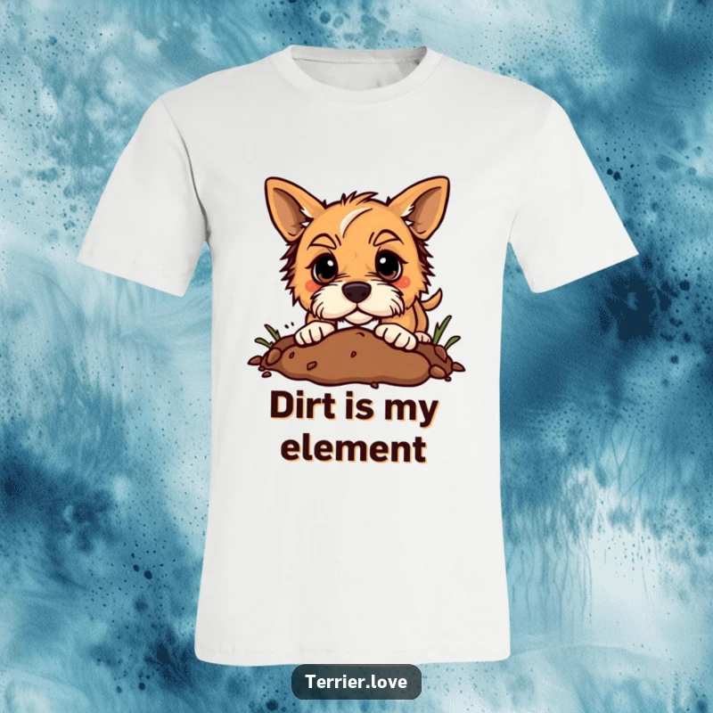 Funny terrier t-shirt depicting a dog digging enthusiastically in the dirt with a determined expression, full of energy.