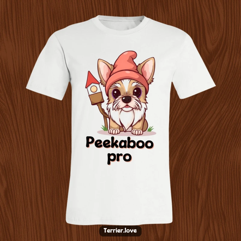 Funny Terrier Gnome T-Shirt: A curious dog peeks from behind a gnome, showcasing playful mischief and making a great gift.