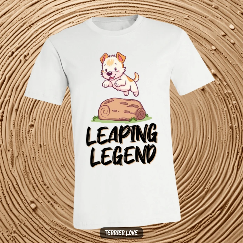 Funny Terrier Leaping T-Shirt: A lively dog leaps over a log with enthusiasm, a perfect funny gift for active dog owners.