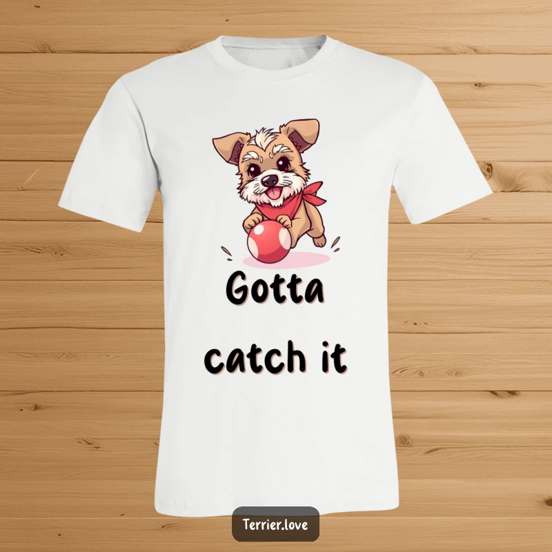 Funny terrier t-shirt featuring a small dog in a bandana, energetically chasing a bouncy ball, perfect for active individuals.