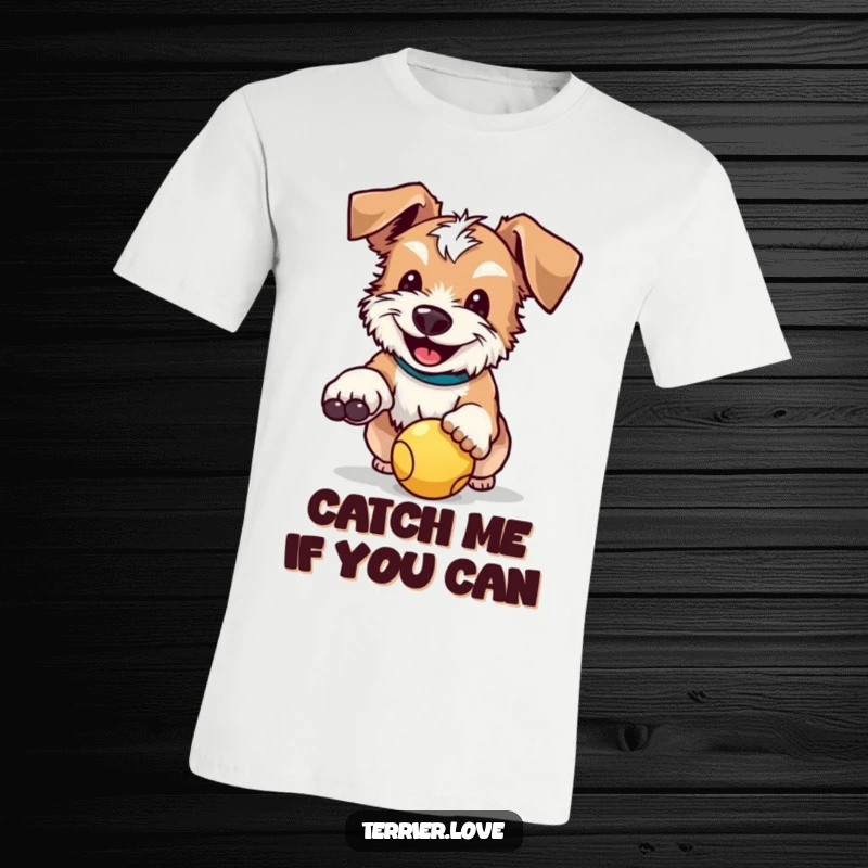 Funny t-shirt featuring a happy, floppy-eared terrier mid-leap, expertly catching a ball with a determined grin.