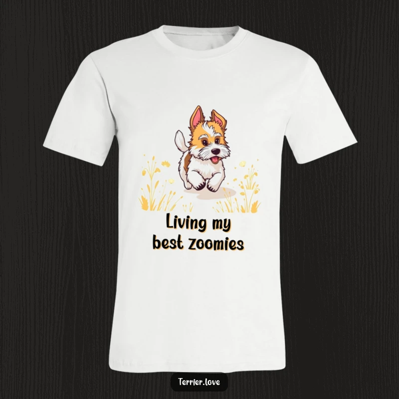 Funny terrier with a wagging tail joyfully running through a field, ideal for a humorous t-shirt.