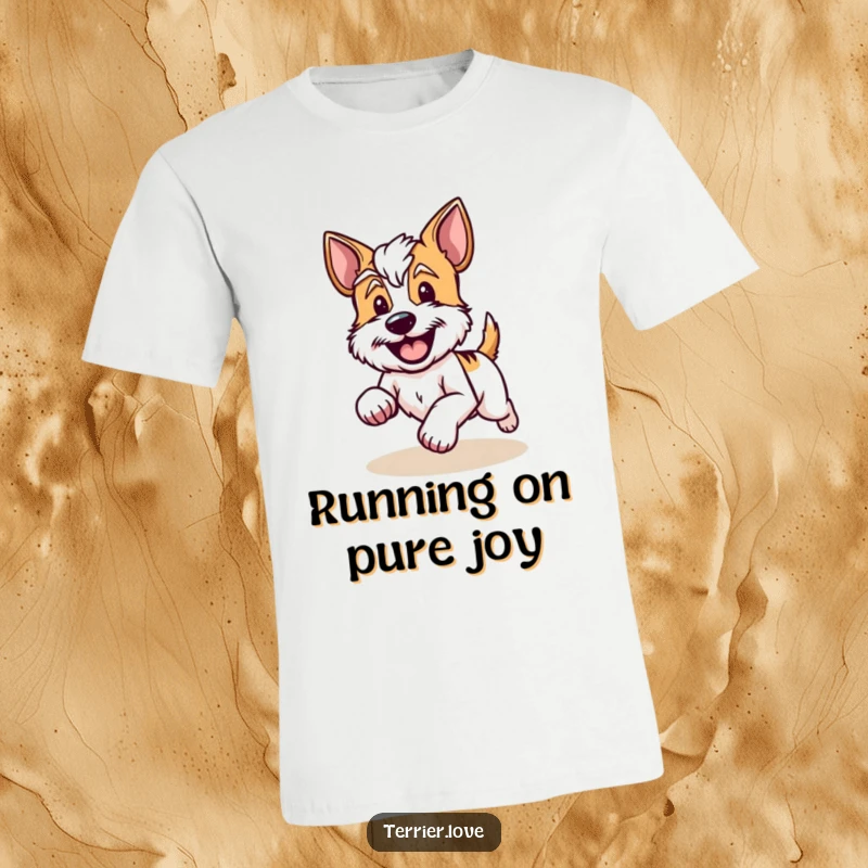 Funny T-Shirt with a terrier running joyfully, tail wagging furiously, embodying excitement and pure canine happiness.