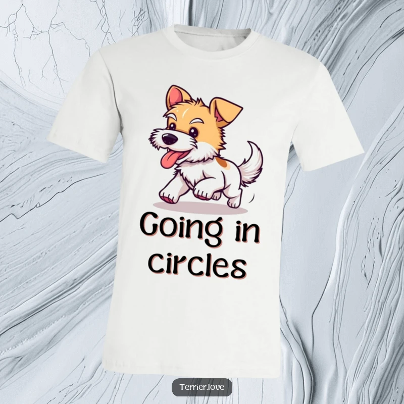 Funny t-shirt depicting a happy terrier dog in a comical spin, energetically chasing its tail in a playful pursuit.