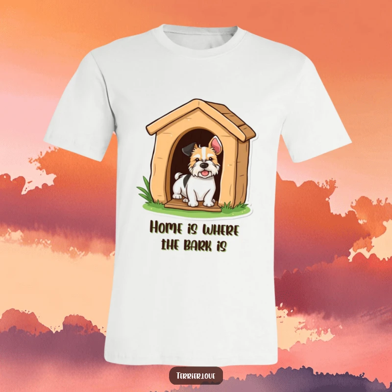 Funny terrier peeking playfully from a doghouse, ideal for a humorous t-shirt.