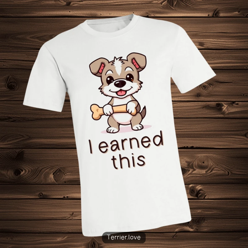 Funny Proud Terrier T-Shirt: Dog character standing proudly, holding a bone, exuding confidence and success.