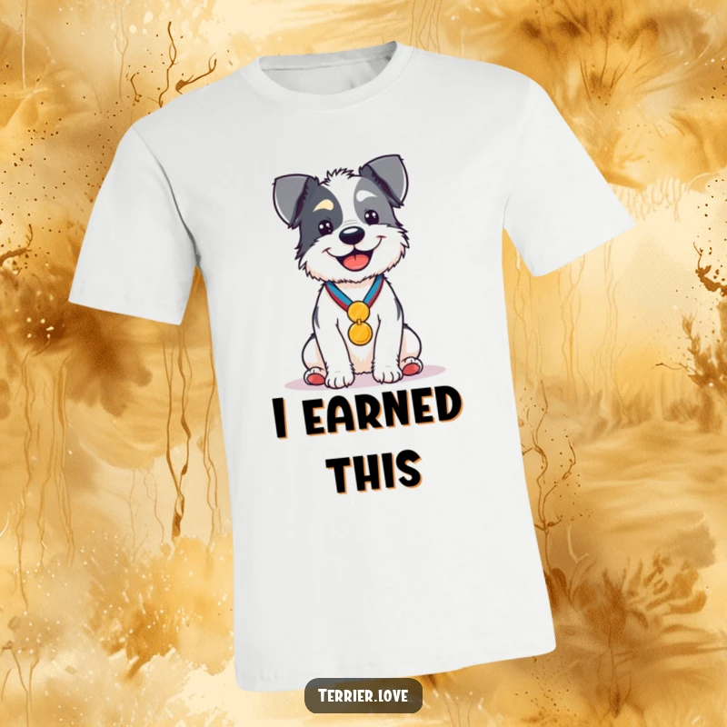Funny T-Shirt with a happy terrier sitting proudly, wearing a gold medal, exuding victory and canine accomplishment.
