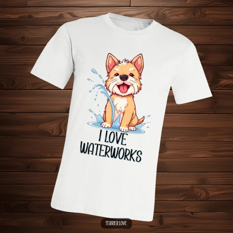 Funny terrier t-shirt depicting a dog joyfully shaking off water, sending a delightful spray everywhere, full of energetic glee.