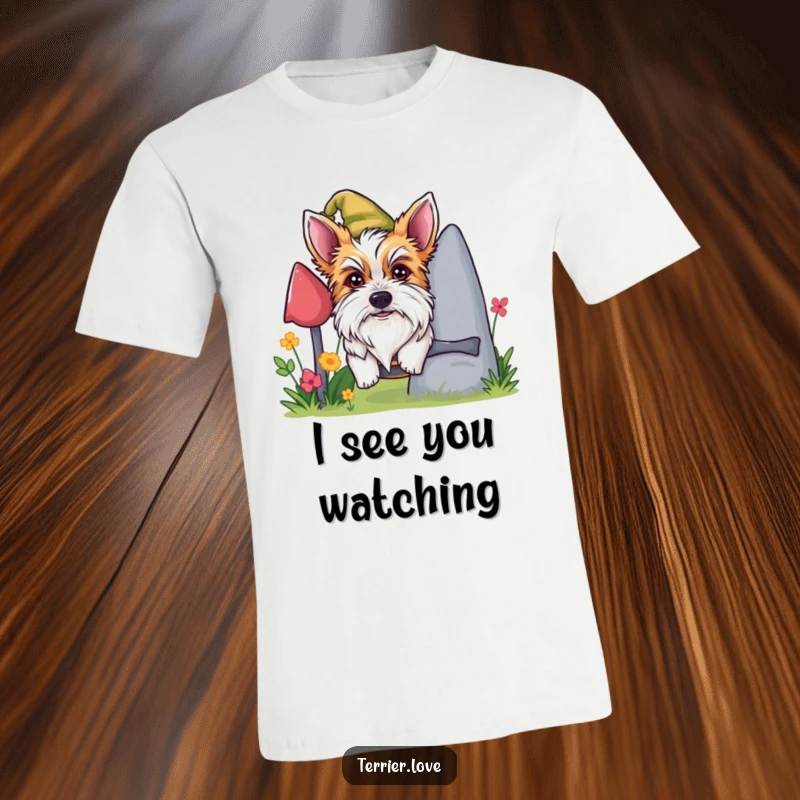 Funny mischievous terrier t-shirt, dog peeking from behind garden gnome, cheeky canine graphic, great gift idea.