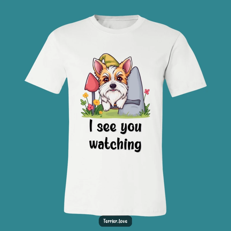 Funny Mischievous Terrier T-Shirt - Gnome Peeking Dog Tee, Prankster Gift
