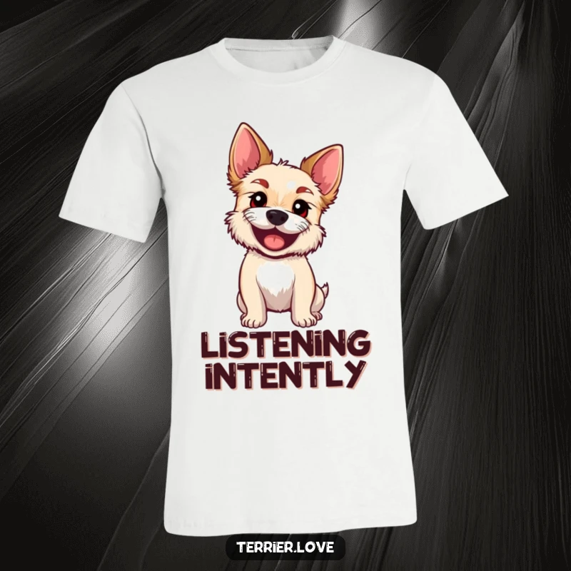Funny T-Shirt with an excited terrier tilting its head, big innocent eyes conveying curiosity and playful questioning.