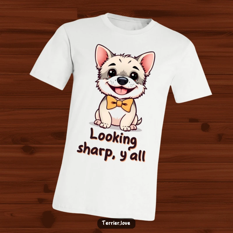 Funny terrier t-shirt featuring a small, grinning dog sporting a neat bowtie, ideal for casual wear and dog lovers.