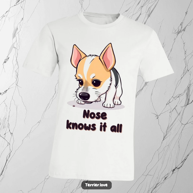 Funny t-shirt featuring a curious terrier with a concentrated expression, sniffing the ground with intense focus.