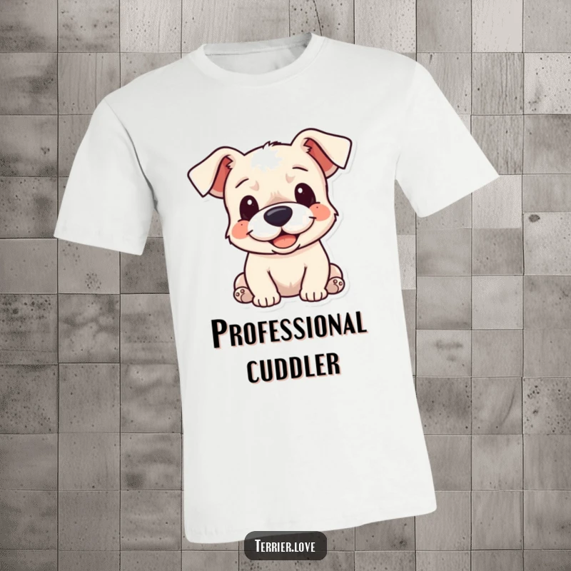 Funny T-Shirt: A cheerful terrier dog with its ears flopped down, looking incredibly soft and ready for a loving embrace.