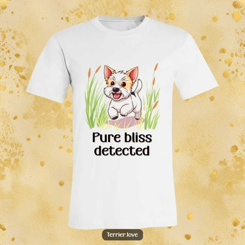 Funny happy terrier t-shirt showing a dog with a wagging tail bounding energetically through tall grass, full of life.