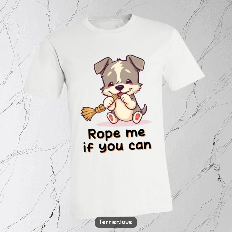 Funny T-Shirt featuring a terrier playfully tugging on a rope toy, a humorous depiction of canine fun.