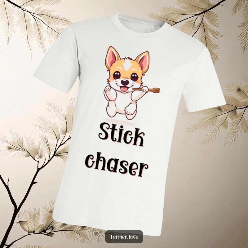 Funny Terrier Fetch T-Shirt: A dog with wide, happy eyes leaps for a stick, capturing the pure joy of fetch.