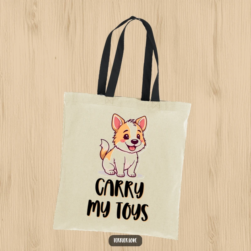 Funny Terrier tote bag featuring a happy dog with its tail wagging, ready for games and adventures.