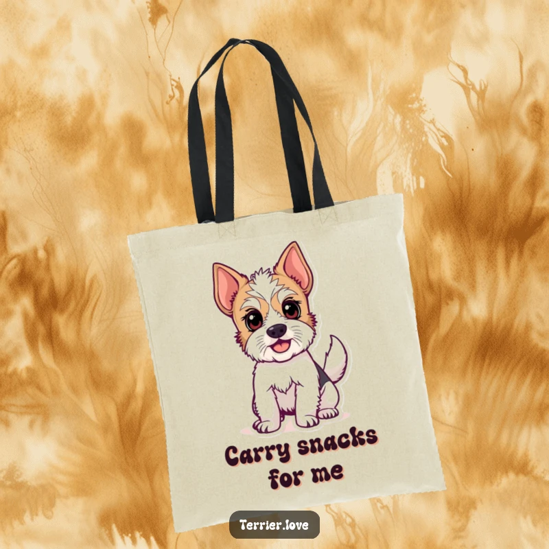 Funny tote bag designed with an alert terrier dog joyfully wagging its tail, perfect for carrying essentials with personality. A great gift.