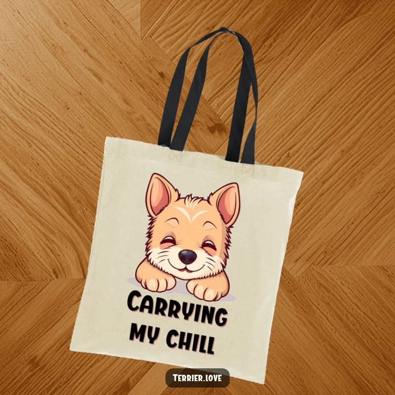 Funny terrier tote bag depicting a content smiling dog resting, ideal for carrying daily essentials with a calm and humorous flair.