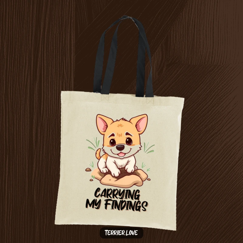 Funny terrier tote bag depicting a determined dog digging a hole, perfect for carrying essentials with humorous intent.