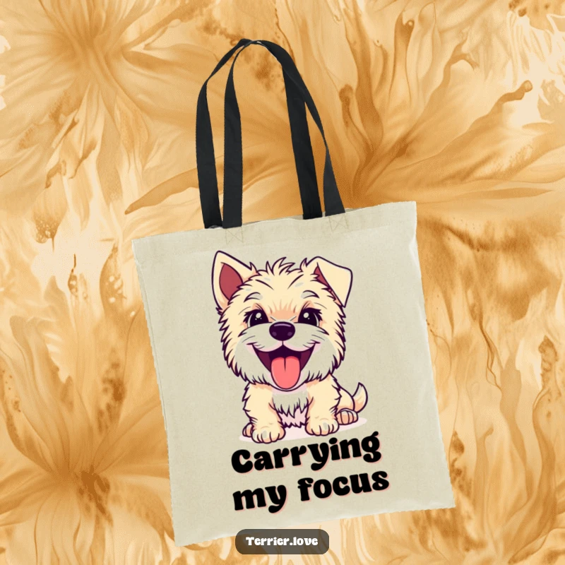 Funny Terrier tote bag featuring a joyful dog with its tongue out, looking intently at something, perfect for shopping.