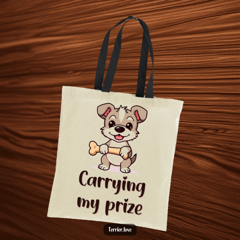 Funny Proud Terrier Tote Bag: Dog character standing proudly, holding a bone, perfect for carrying your achievements.