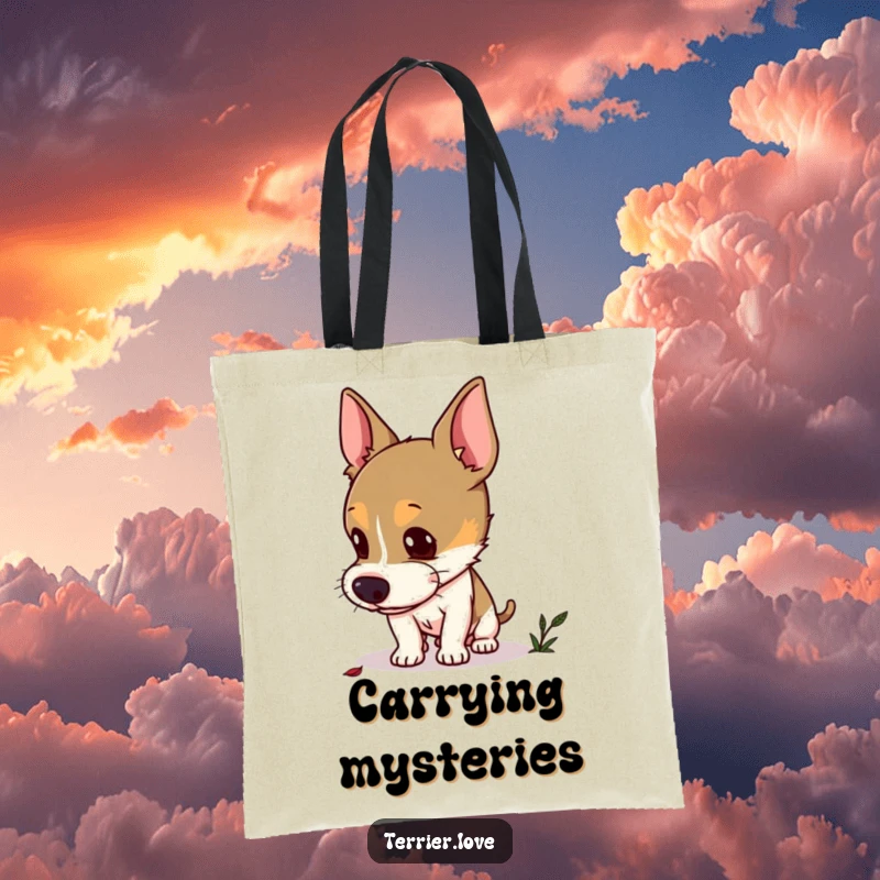 Funny curious terrier tote bag showing a dog with perked ears sniffing the ground, searching for a hidden scent, practical and humorous.