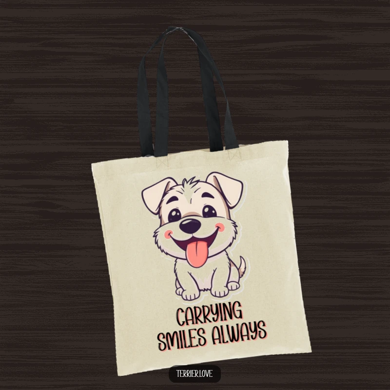Funny smiling terrier tote bag showing a dog happily panting with its tongue lolling out, perfect for daily use.