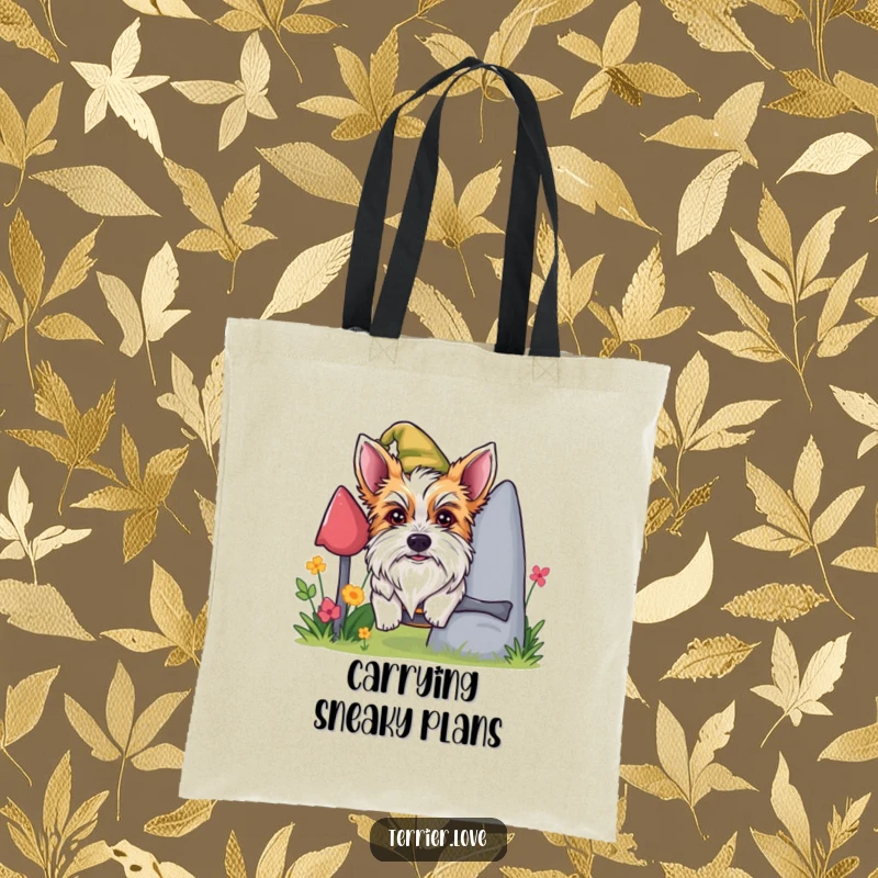 Funny mischievous terrier tote bag, dog peeking from behind gnome, playful canine art, practical and humorous tote, ideal present.