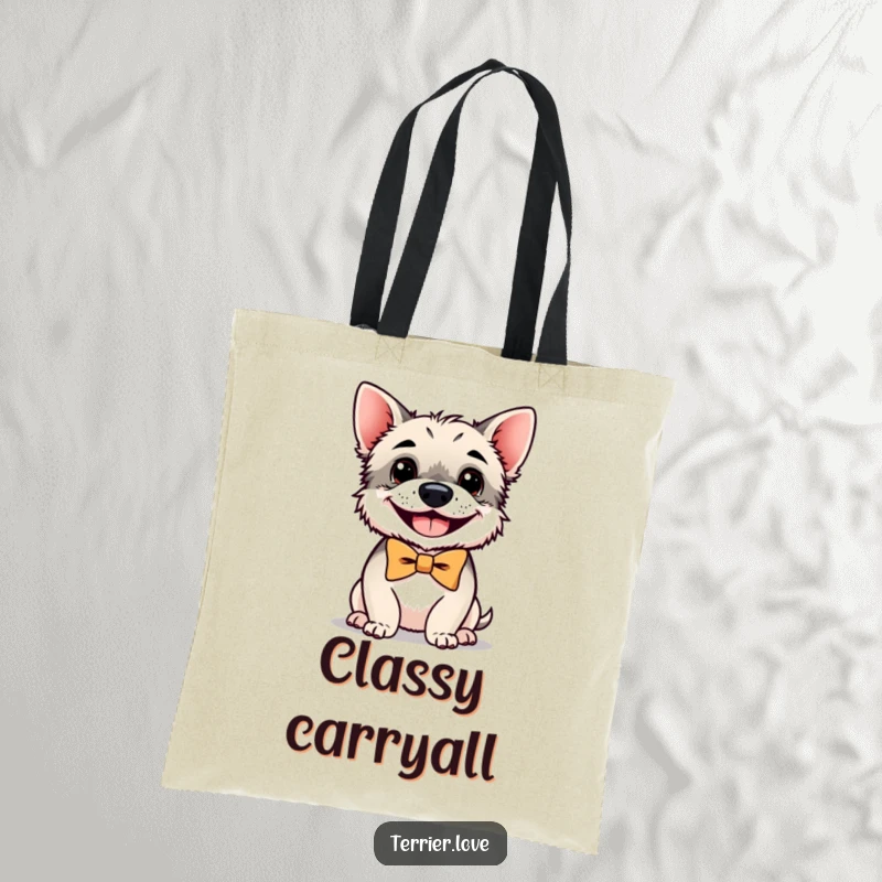 Funny terrier tote bag showcasing a small, grinning dog elegantly dressed in a bowtie, perfect for carrying daily items.