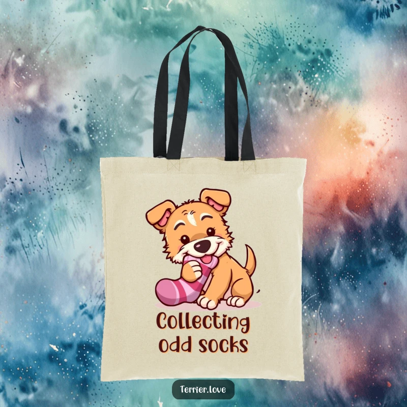 Funny terrier tote bag depicting a mischievous dog attempting to steal a sock, ideal for carrying essentials with a humorous, playful vibe.