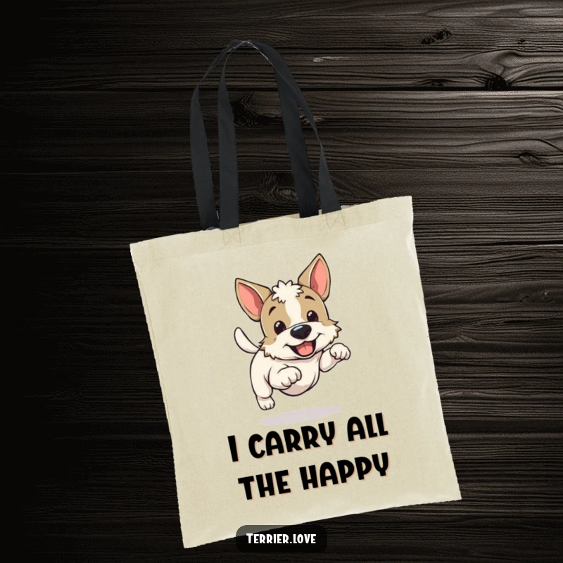 Funny cheerful running terrier tote bag, happy dog with wagging tail in mid-run, practical and humorous tote, ideal gift.