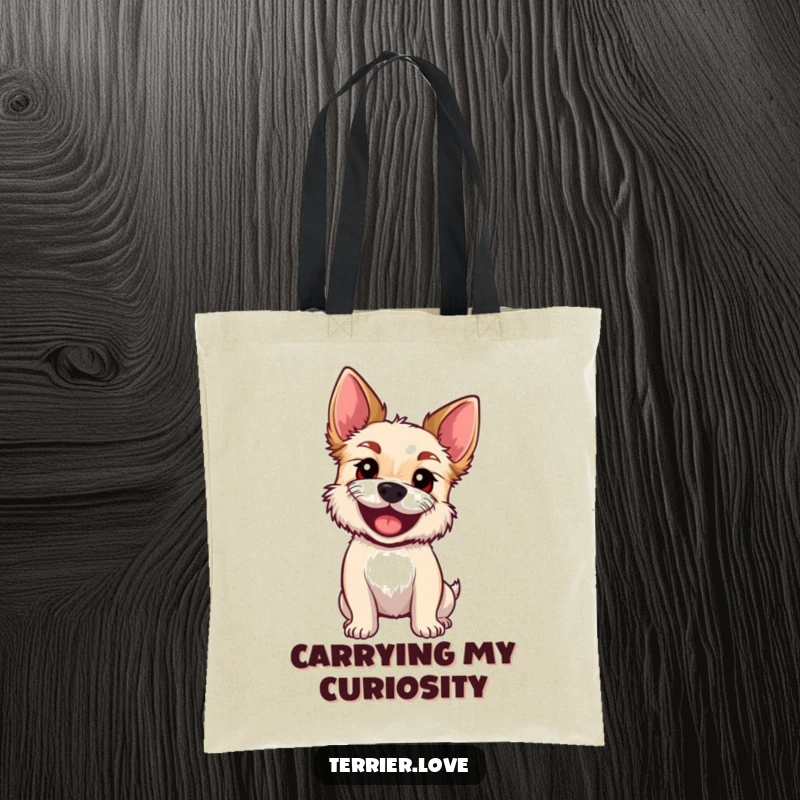 Funny Tote Bag showing an excited terrier tilting its head, big eyes full of wonder and curiosity.