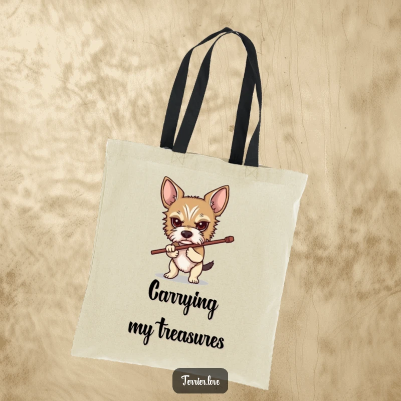 Funny Determined Terrier Tote Bag: A determined terrier carrying a stick, illustrating focus and purpose, perfect for carrying daily essentials.