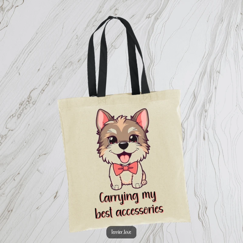 Funny tote bag with a playful Terrier dog wearing a smart bow tie, happily panting, ready for stylish outings.