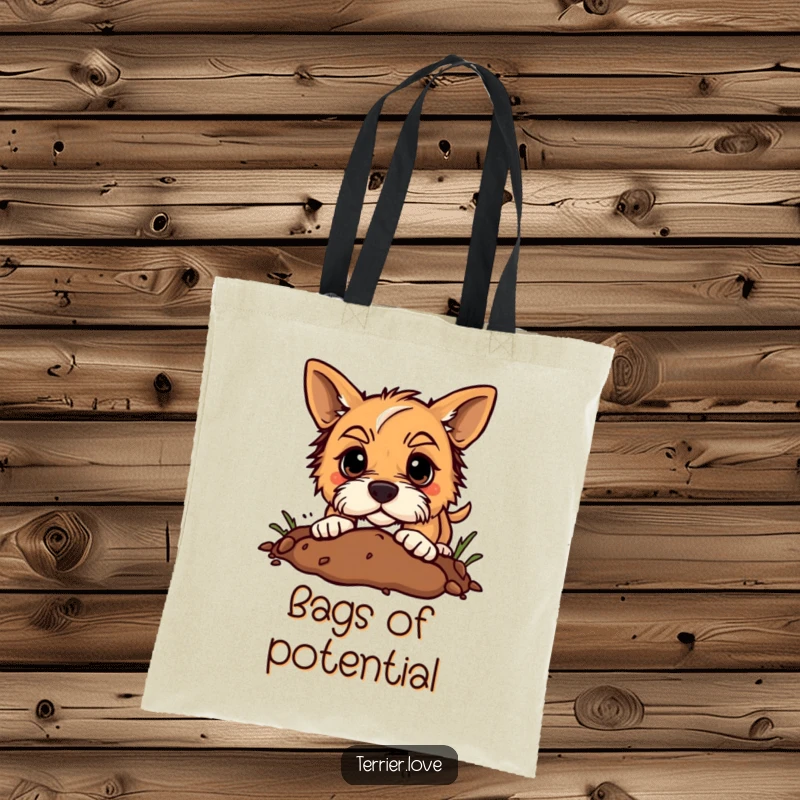 Funny terrier tote bag showing a dog digging enthusiastically in the dirt with a determined expression, practical and humorous.