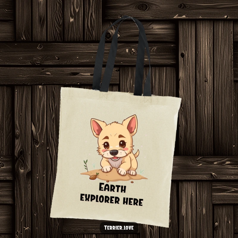 Funny tote bag designed with a determined terrier dog digging joyfully, perfect for carrying groceries or everyday items with a smile.