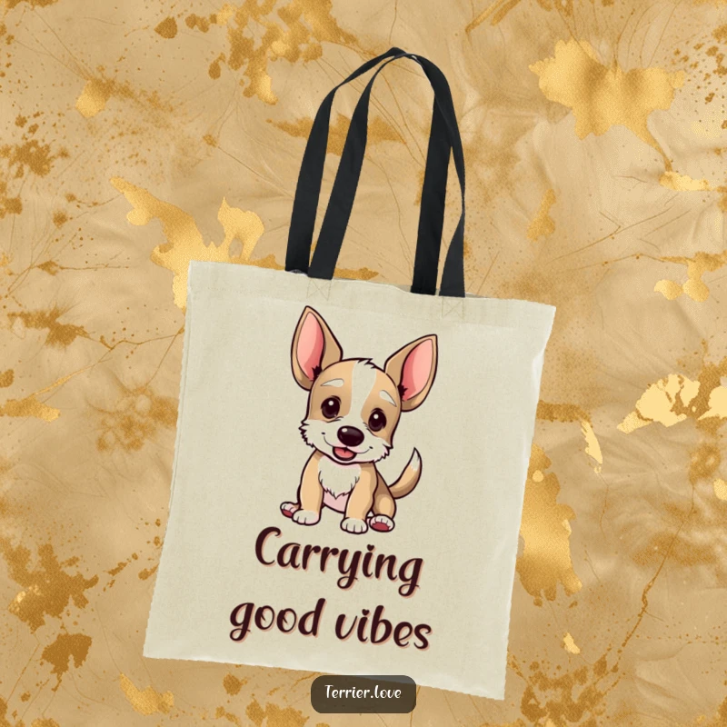Funny tote bag designed with a terrier boasting oversized ears and a rapidly wagging tail, symbolizing pure canine happiness.