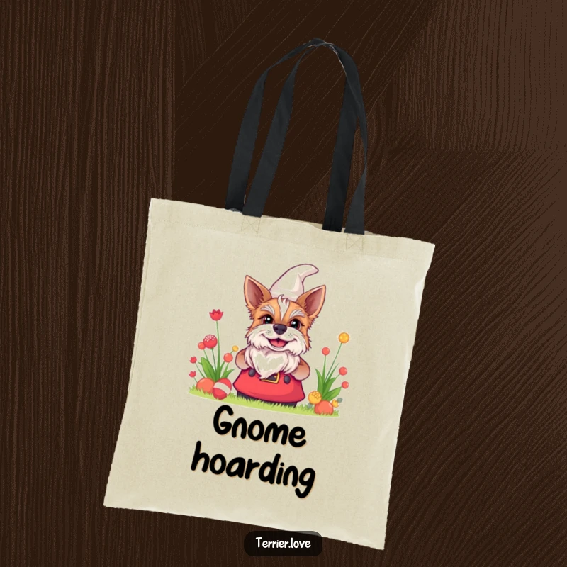 Funny terrier tote bag with a dog grinning slyly as it peeks from behind a garden gnome, embodying playful garden fun.