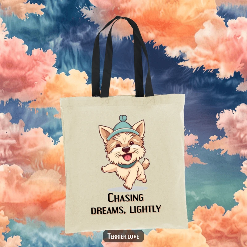 Funny Terrier tote bag illustrated with a silly dog wearing a hat and chasing its tail with great enthusiasm, a comical scene.