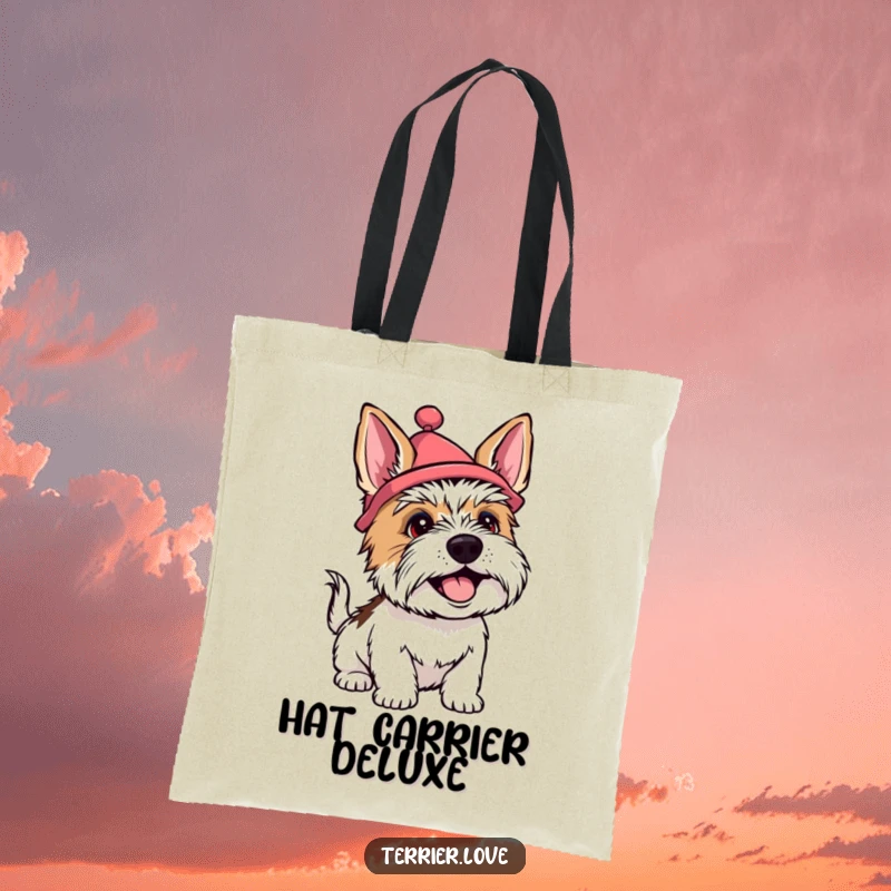 Funny terrier tote bag with a dog wearing a silly hat and wagging its tail happily, embodying pure joyful energy.